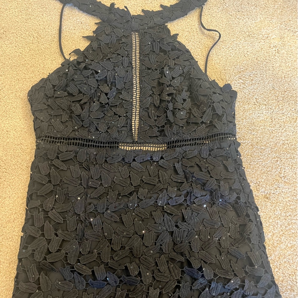 Bardot Black Sequin Sleeveless Mini Halter Dress with Lace & Open Back Small 4 - Picture 5 of 11